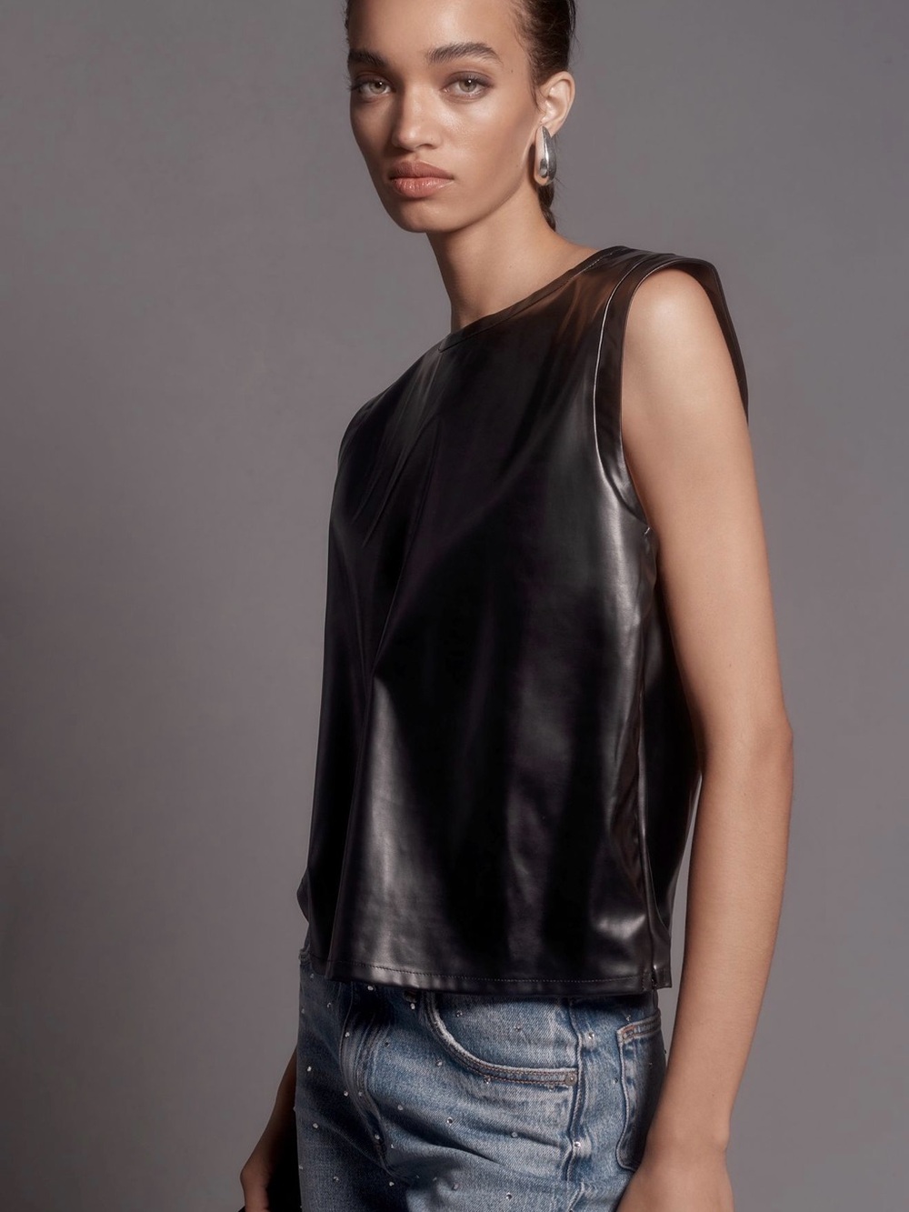 Anthropologie Black Faux Leather Sleeveless Shell Top